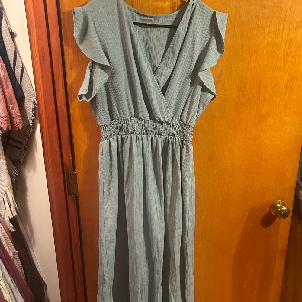 SHEIN Teal Ruffle Sleeve Midi Dress